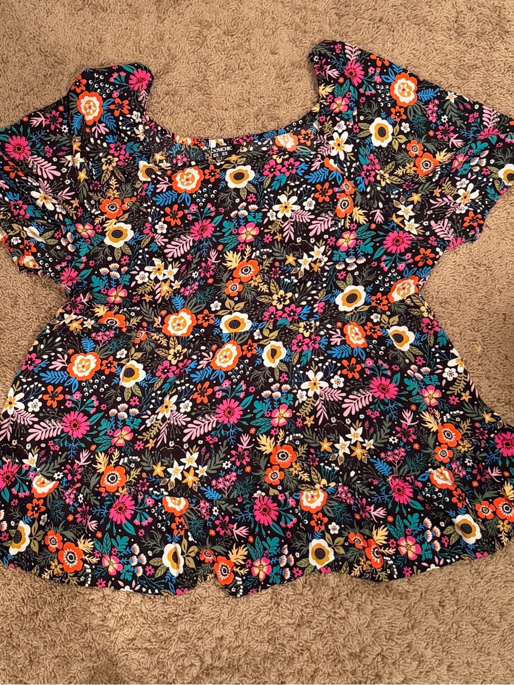 BloomChic Black Floral Peplum Top with Pink, Orange, Teal & White Flowers